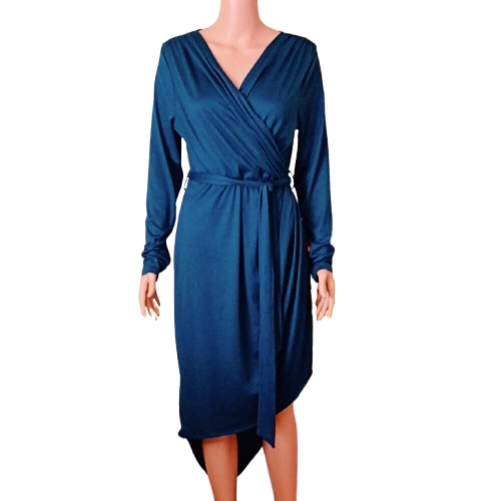 Gilli Asymmetrical Ruched Knit Dress L Blue Long Sleeve Tie Waist Stretch